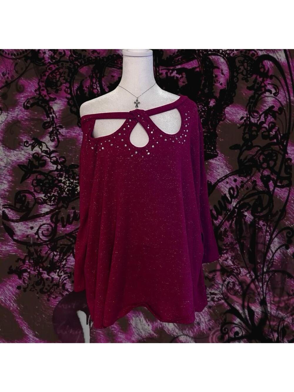 open keyhole neckline cutouts super glittery red blouse